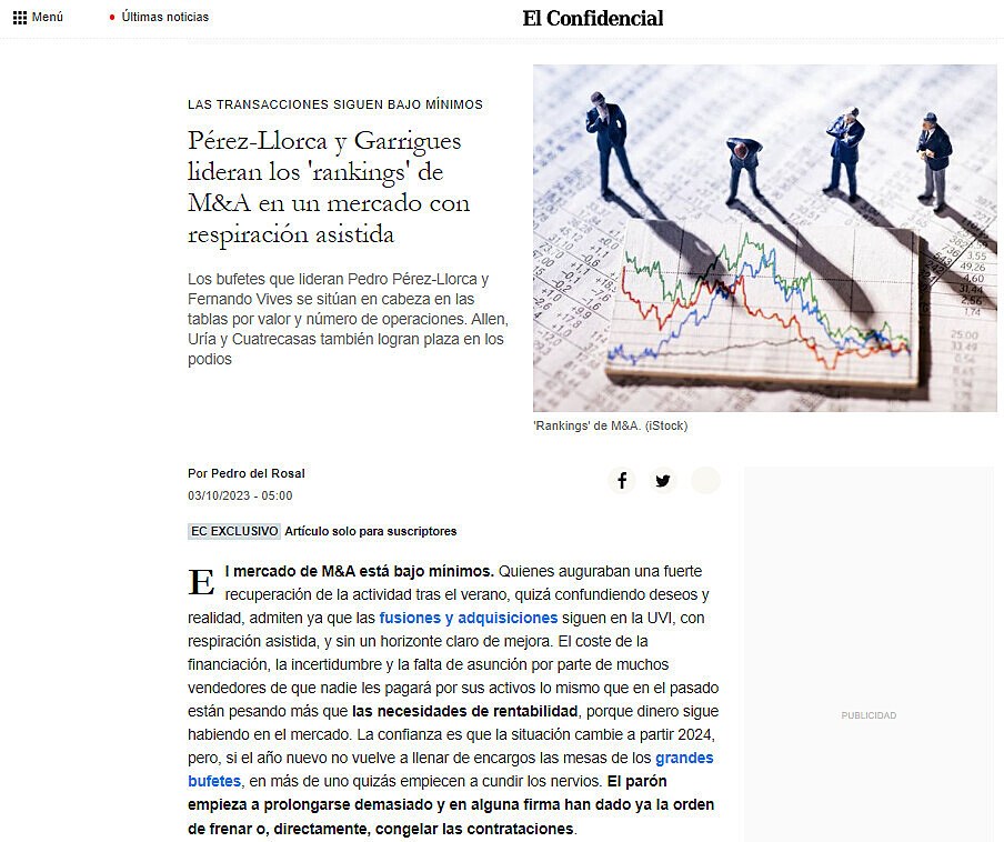 Prez-Llorca y Garrigues lideran los 'rankings' de M&A en un mercado con respiracin asistida
